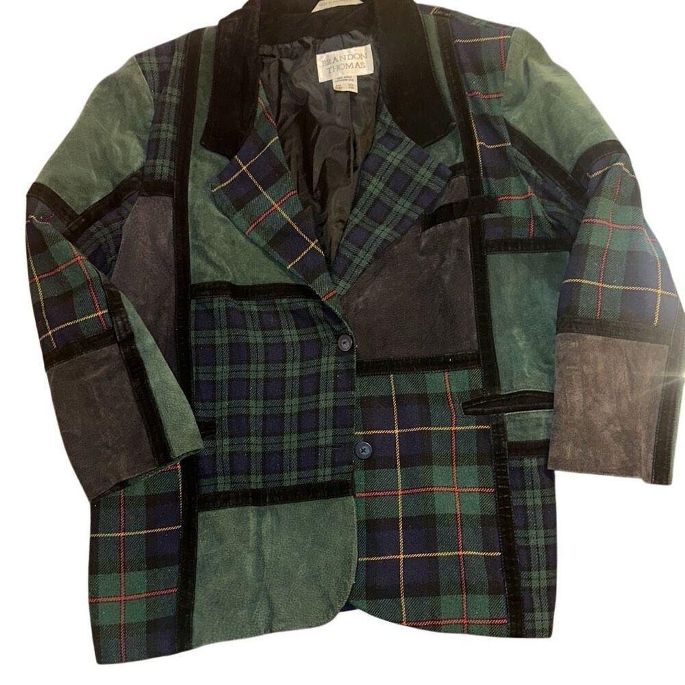 Vintage women 20W Brandon Thomas Plaid Suede Patchwork Blazer Jacket Green Blue